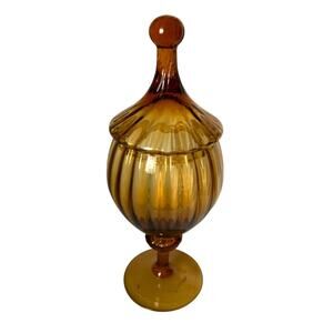 Vintage Empoli Amber Glass Italy Ribbed Art Glass Apothecary Candy Jar 60s 70s